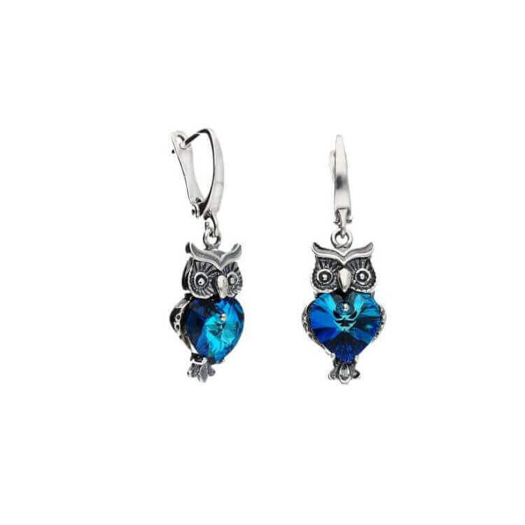 Srebrne kolczyki z kryształami Swarovskiego SOWA K2 1702 Bermuda Blue